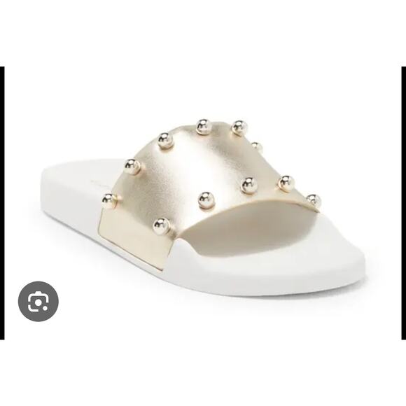 Stuart Weitzman Superstud pool slide sandals gold 9 - Picture 1 of 4